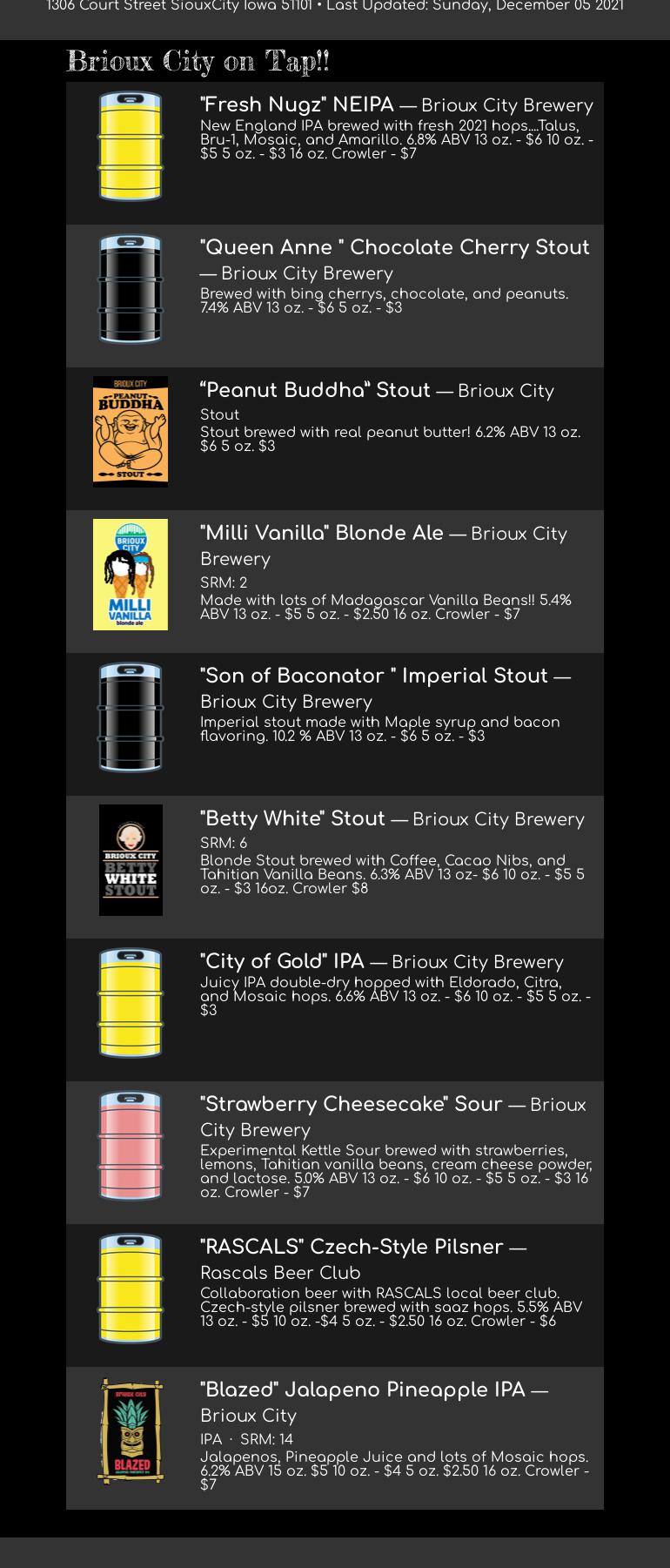 Brioux City Brewery Menu