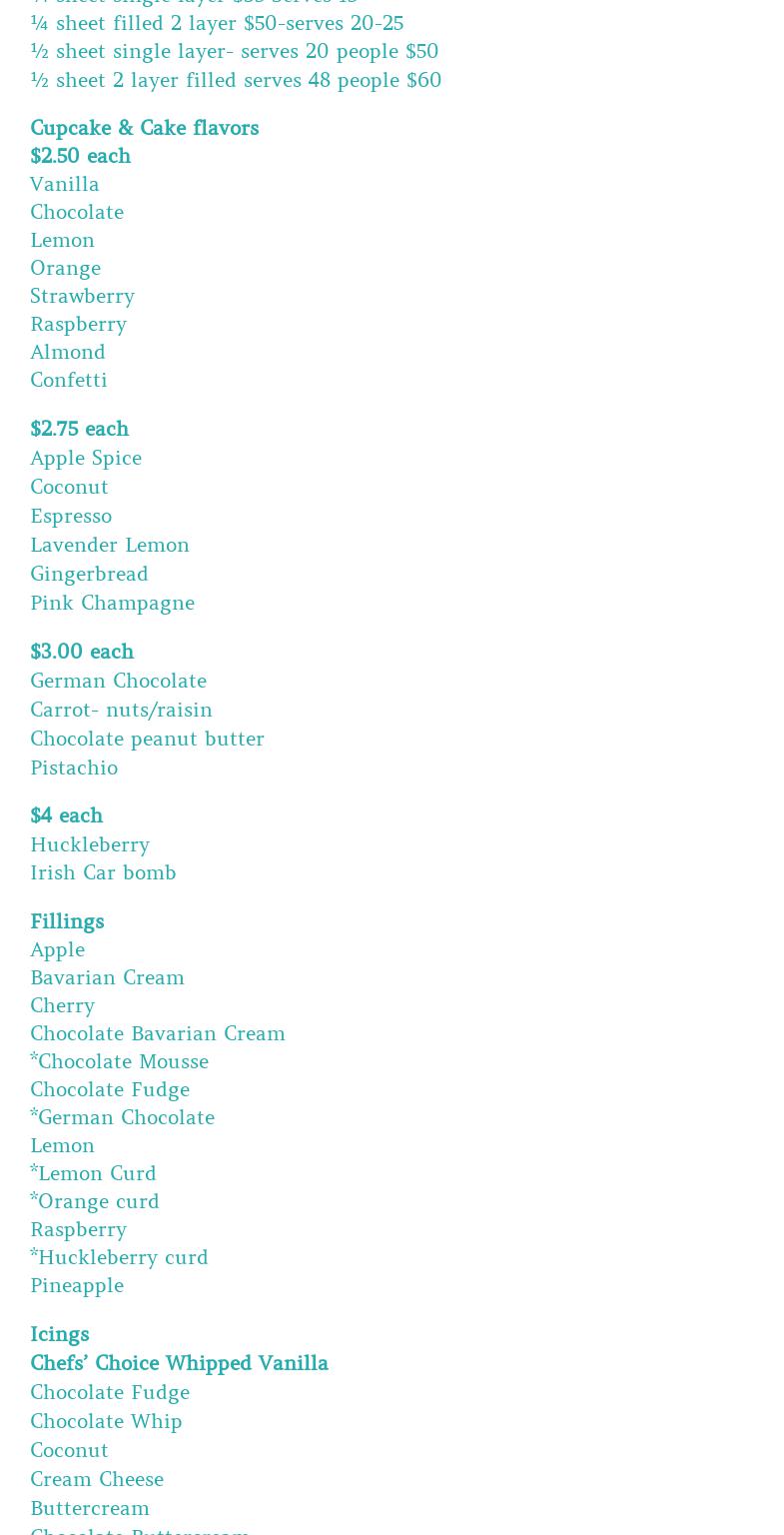 Miss D'Arcys Bakeshoppe Menu
