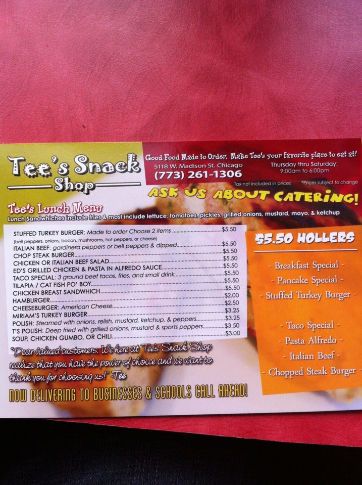 Tee's Snack Shop Menu