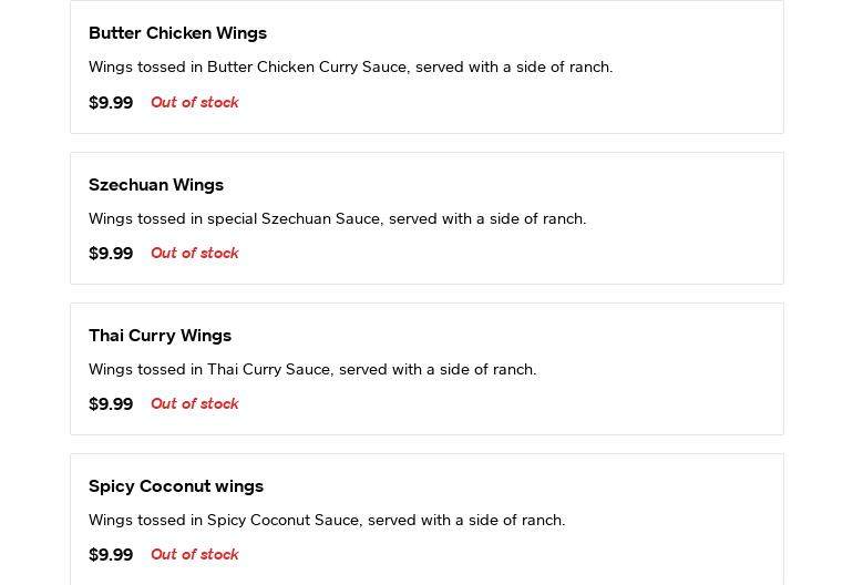 Curried Wings Menu