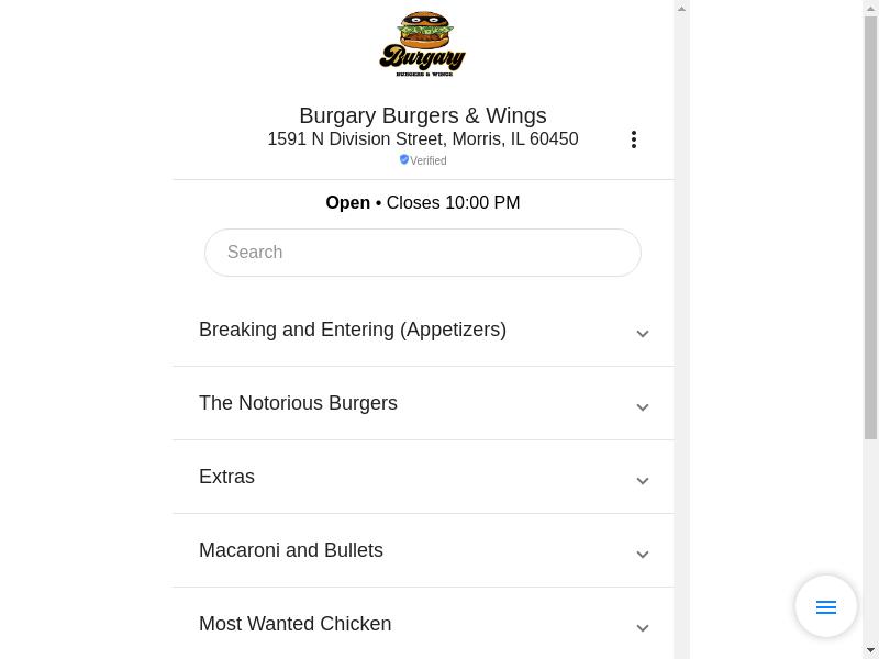 Burgary Burgers & Wings Menu