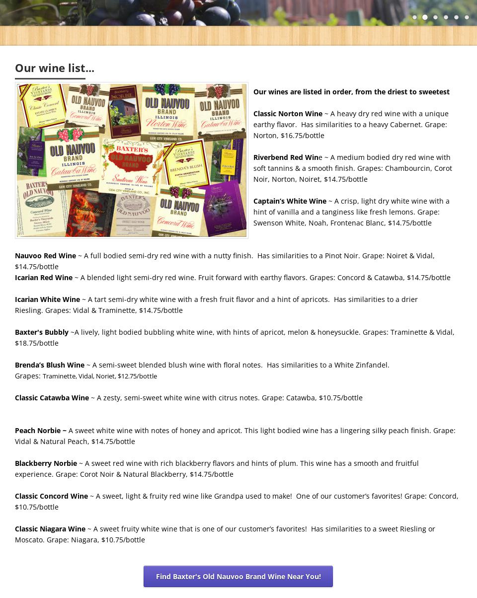 Baxter's Vineyards & Winery Menu