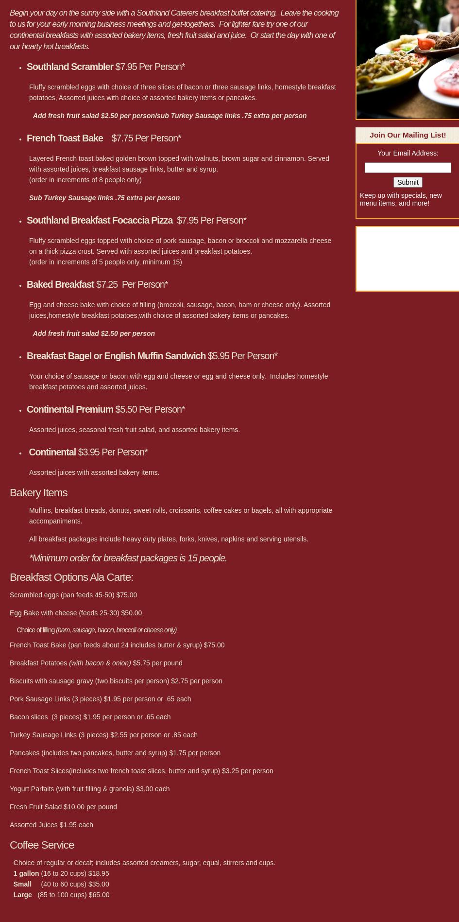 Southland Caterers Menu