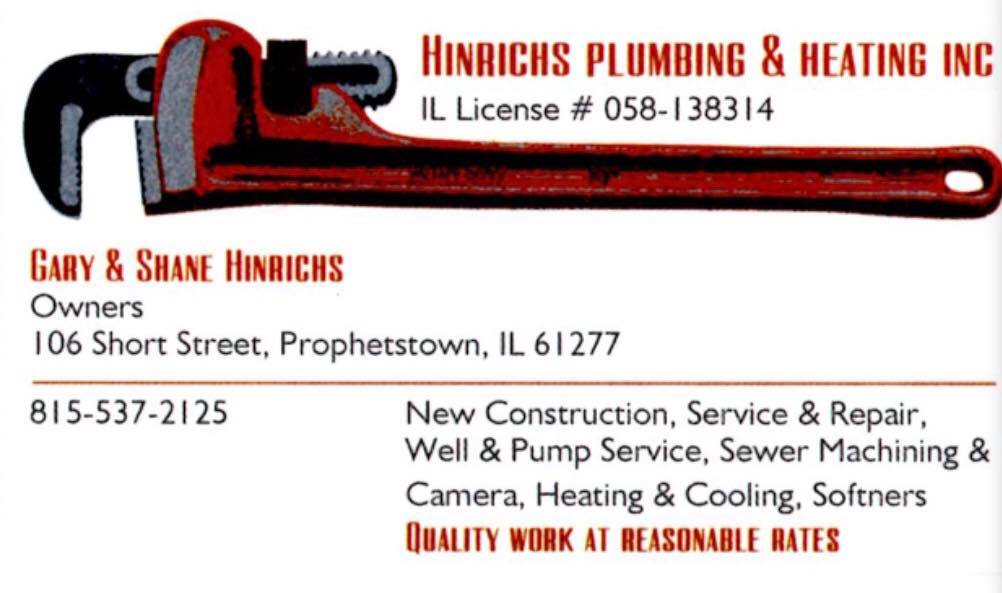 Hinrichs Plumbing & Heating 106 Short St, Prophetstown Illinois 61277