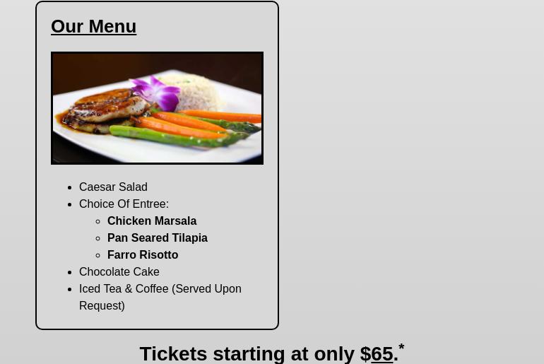 The Dinner Detective Murder Mystery Dinner Show - Indianapolis, Indiana Menu