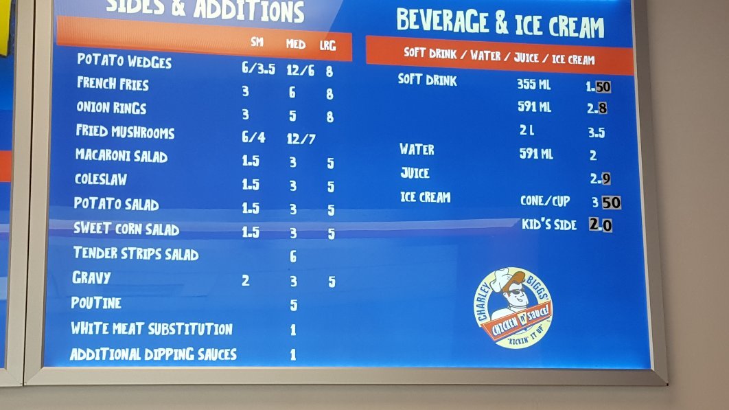 Charley biggs chicken Menu