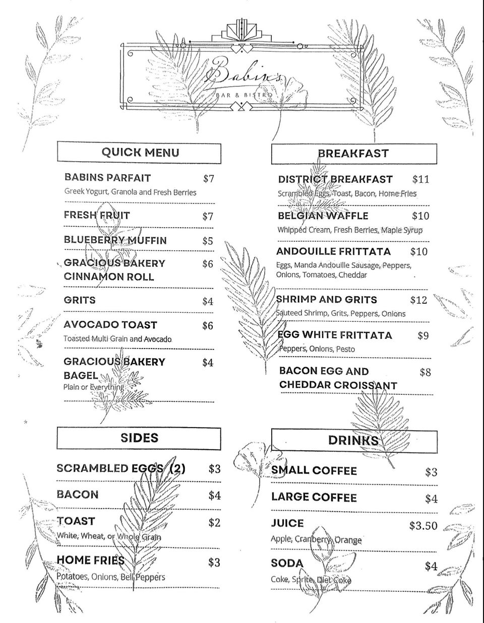 Babin's Bar & Bistro Menu