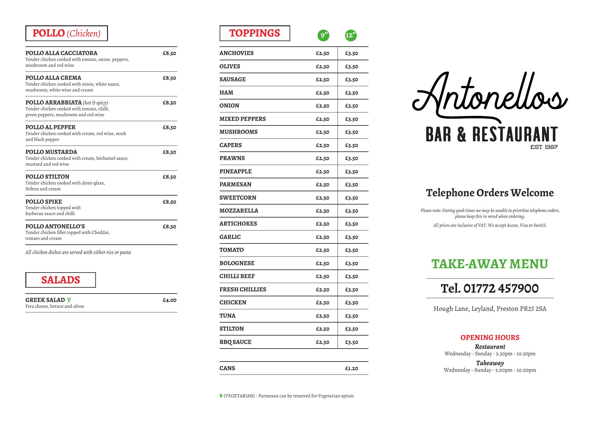 Antonellos Menu