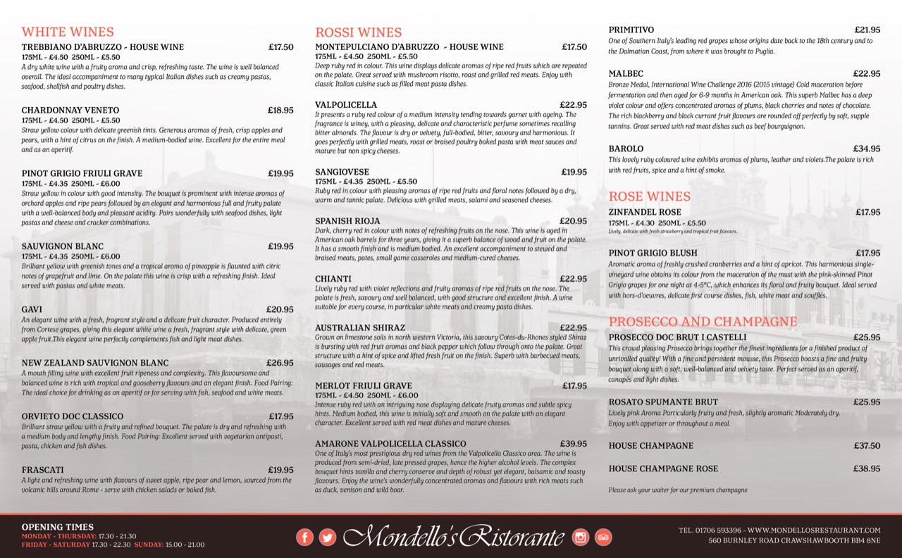 Mondello's Restaurant Menu