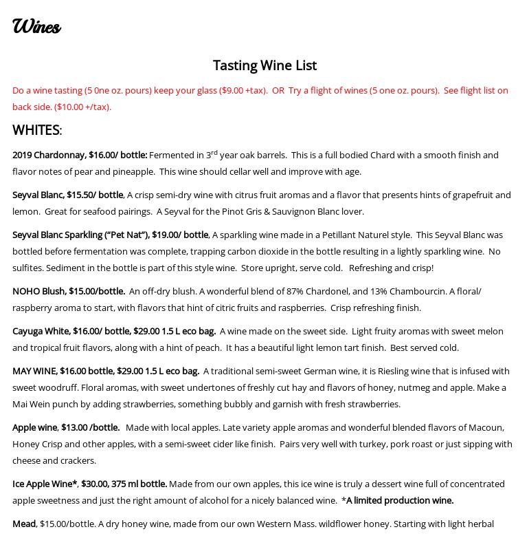 Mineral Hills Winery at Godard's Red Hen Farm, LLC Menu