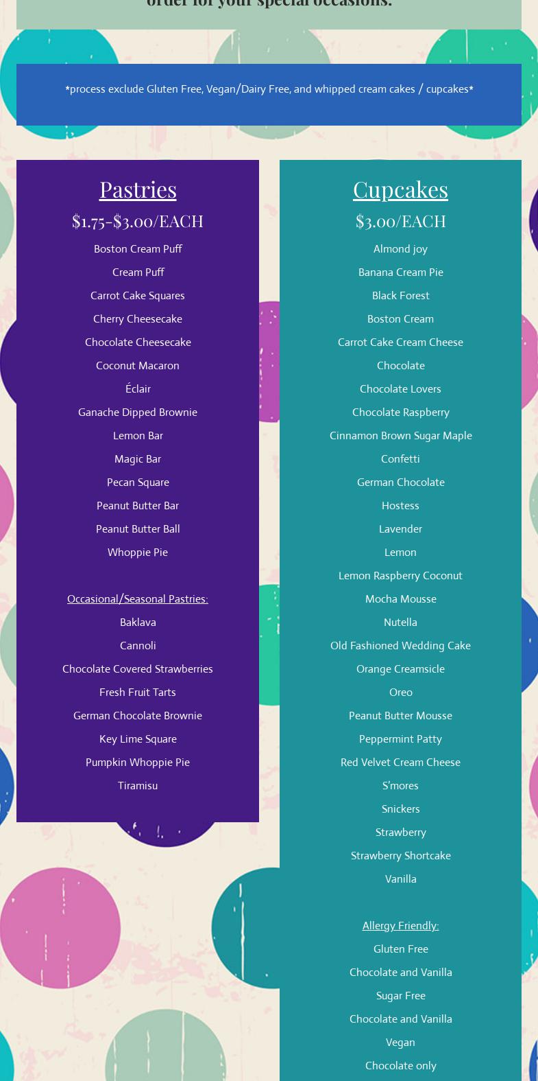 Amazing Cakes Menu