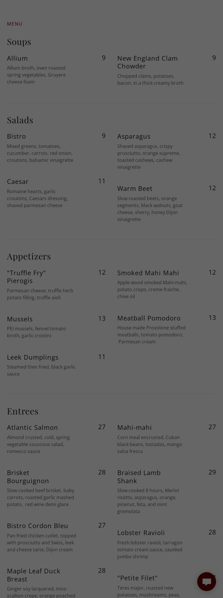 Center Stage Bistro Menu