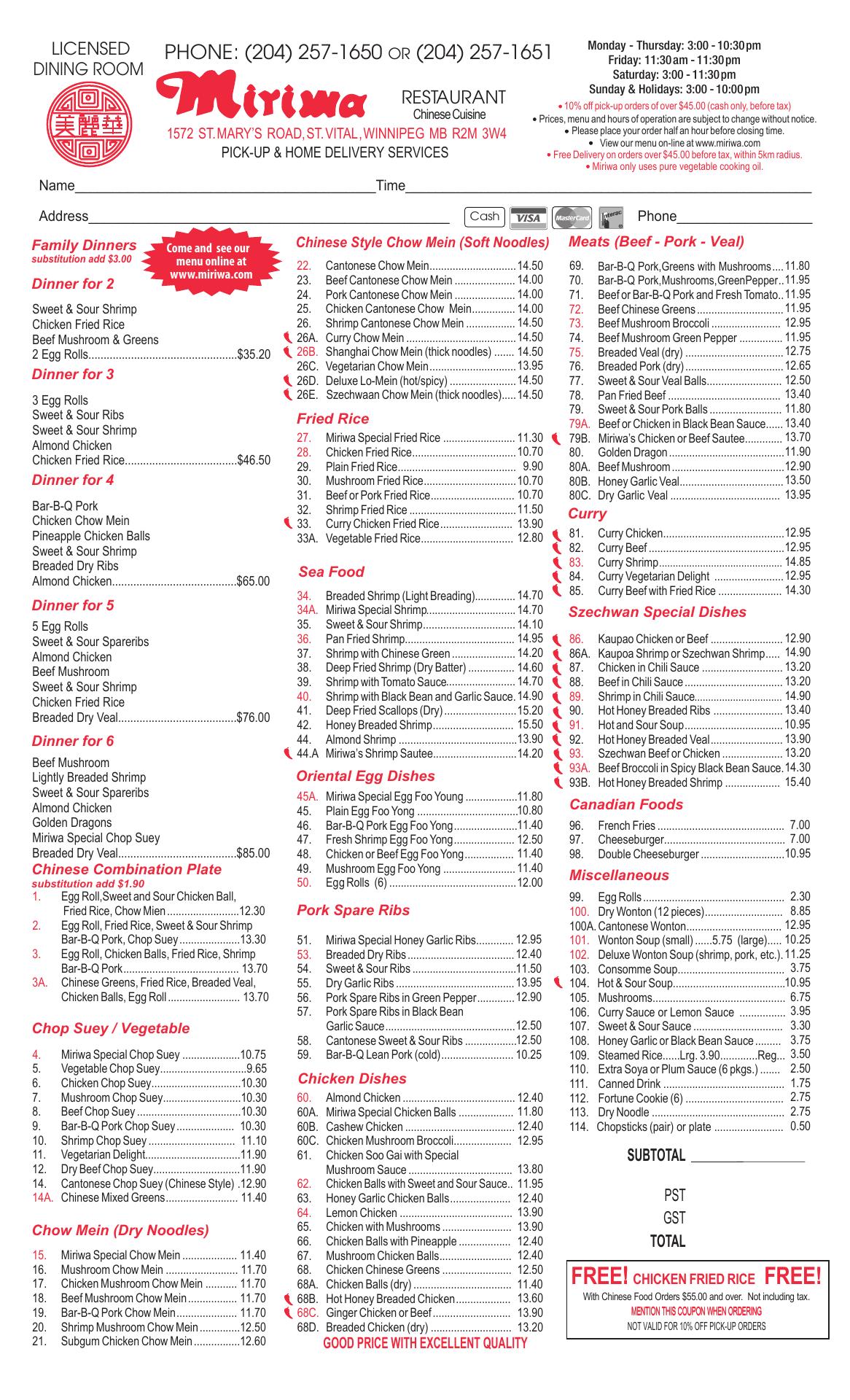 Miriwa Restaurant Menu