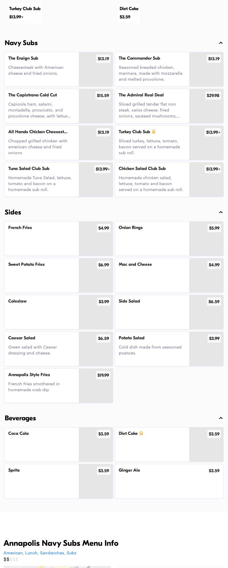 Annapolis Navy Subs & Burgers Menu