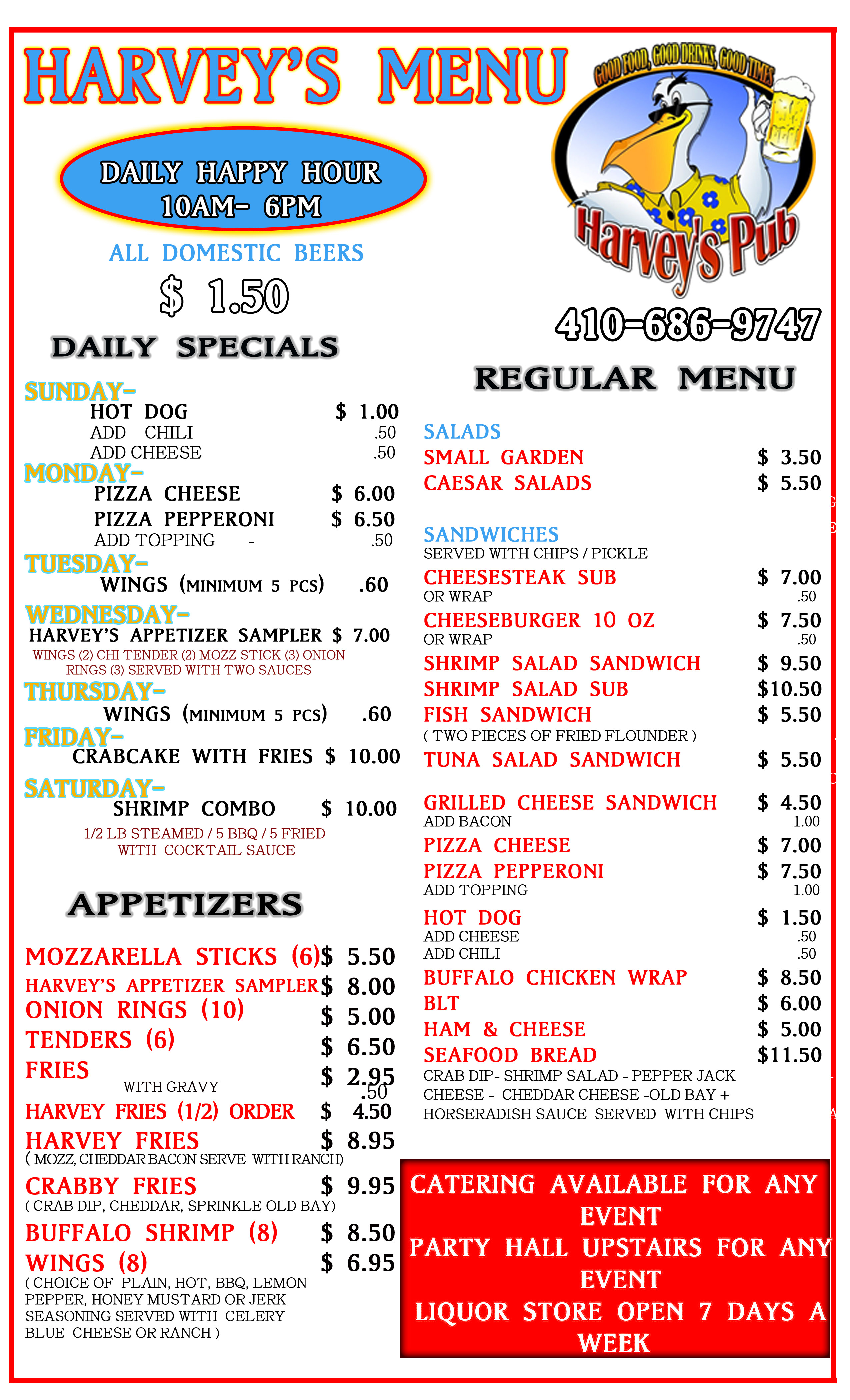 Harvey's Pub & Liquor Store Menu