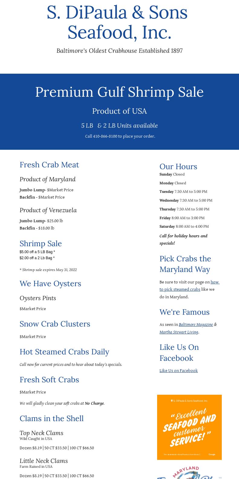 S. DiPaula & Sons Seafood, Inc. Menu