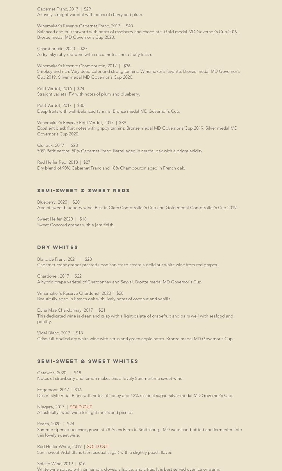 Red Heifer Winery Menu