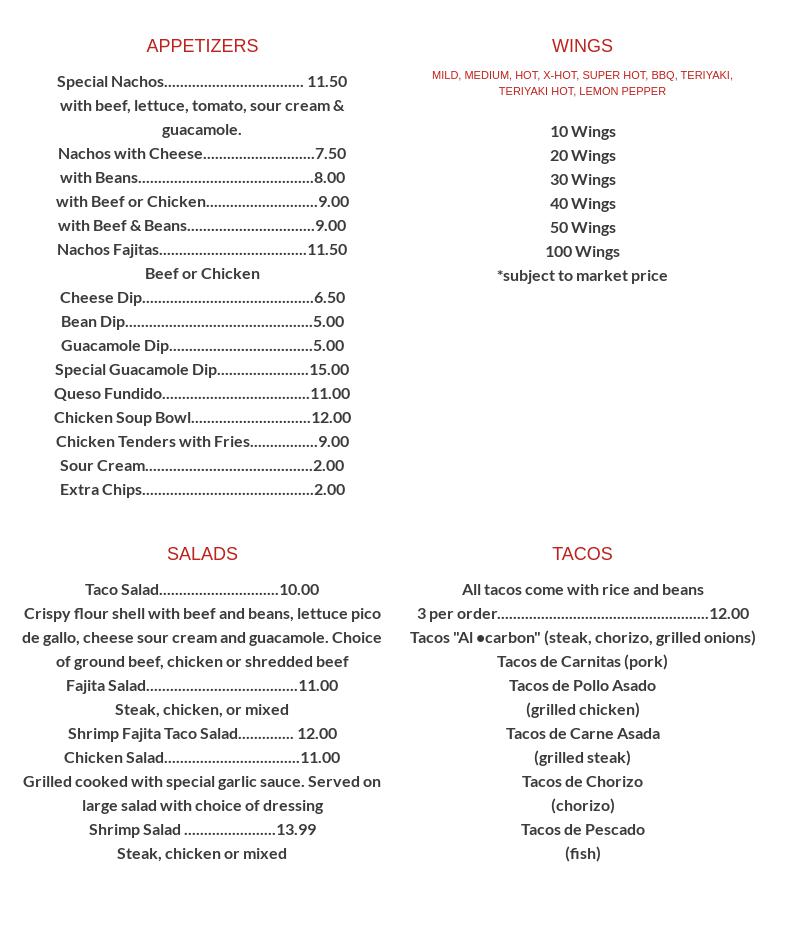 Cancun Mexican bar and grill Menu