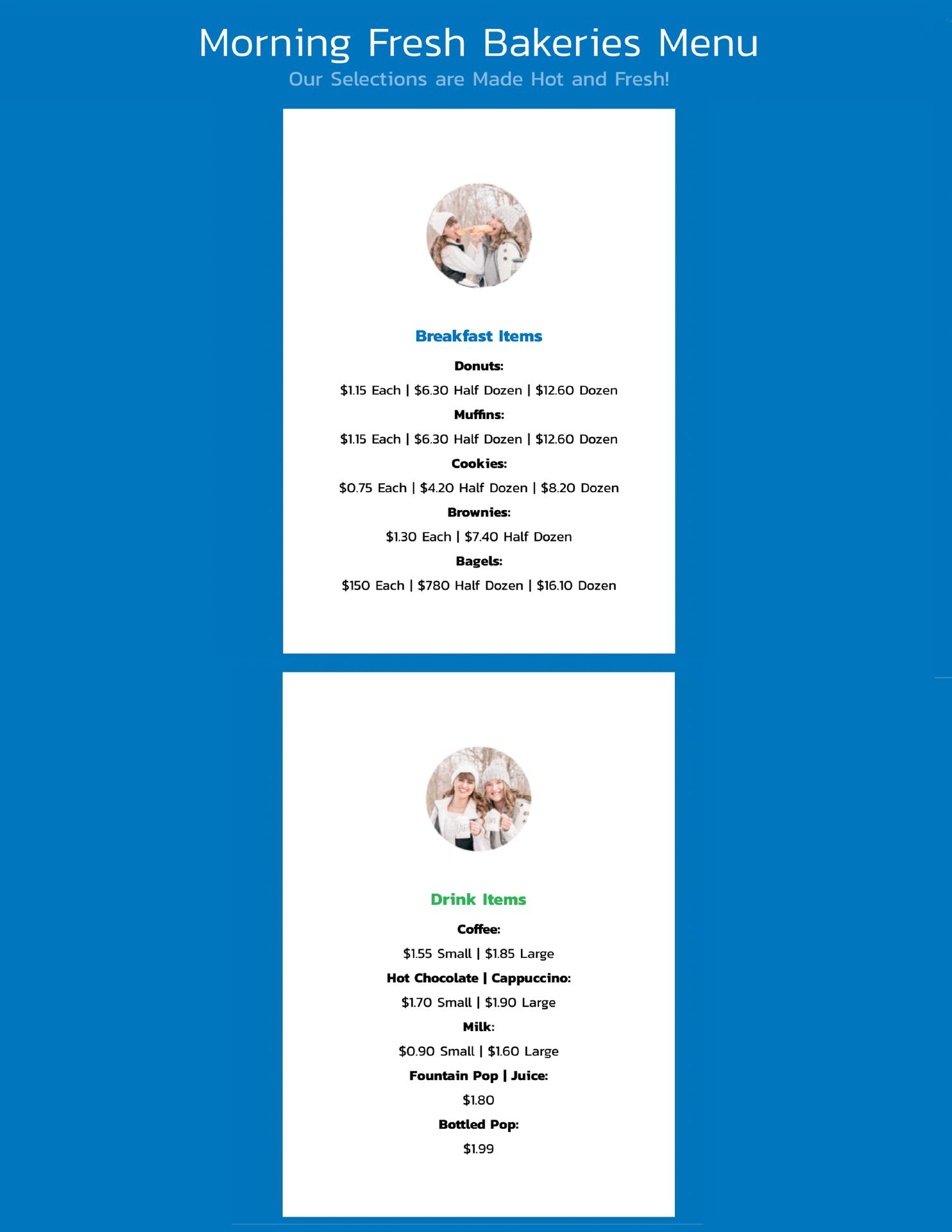 Morning Fresh Bakeries Menu