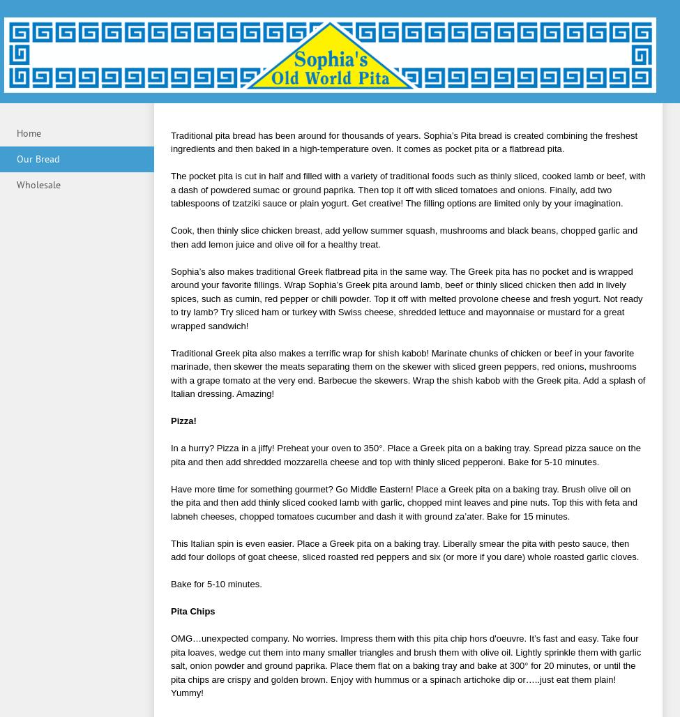 Sophia's Bakery, Inc. Menu