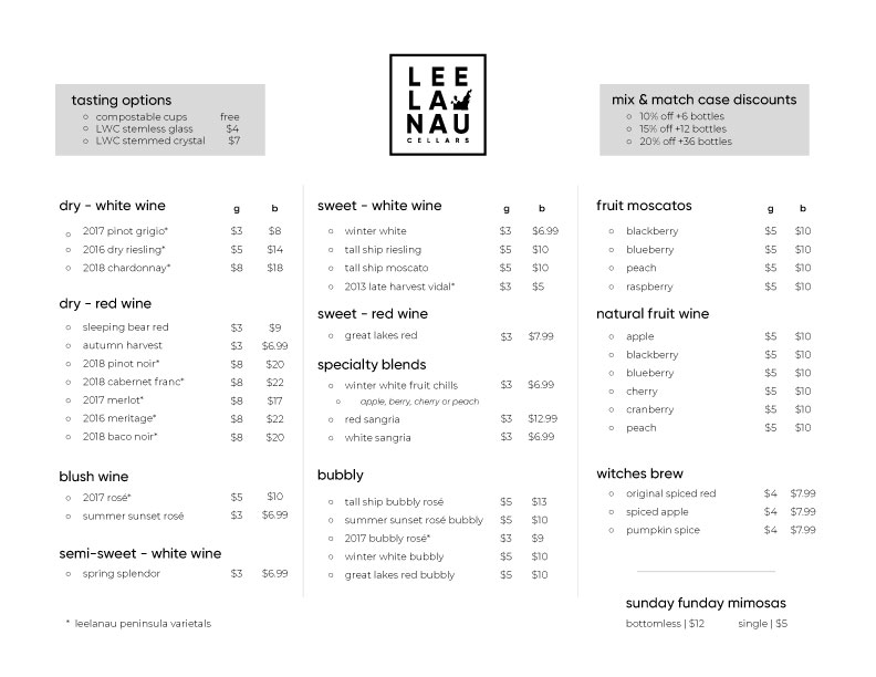 Leelanau Wine Cellars Tasting Room Menu
