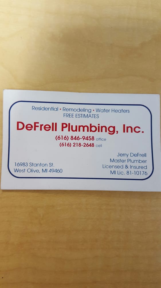 Defrell Plumbing Inc 16983 Stanton St, West Olive Michigan 49460