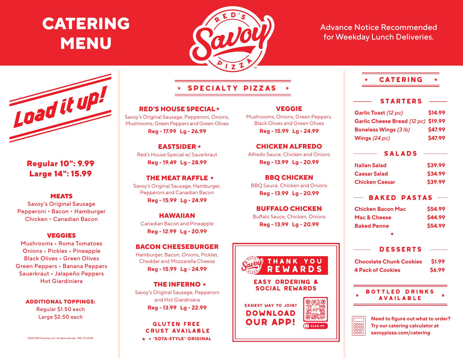 Red's Savoy Pizza Menu