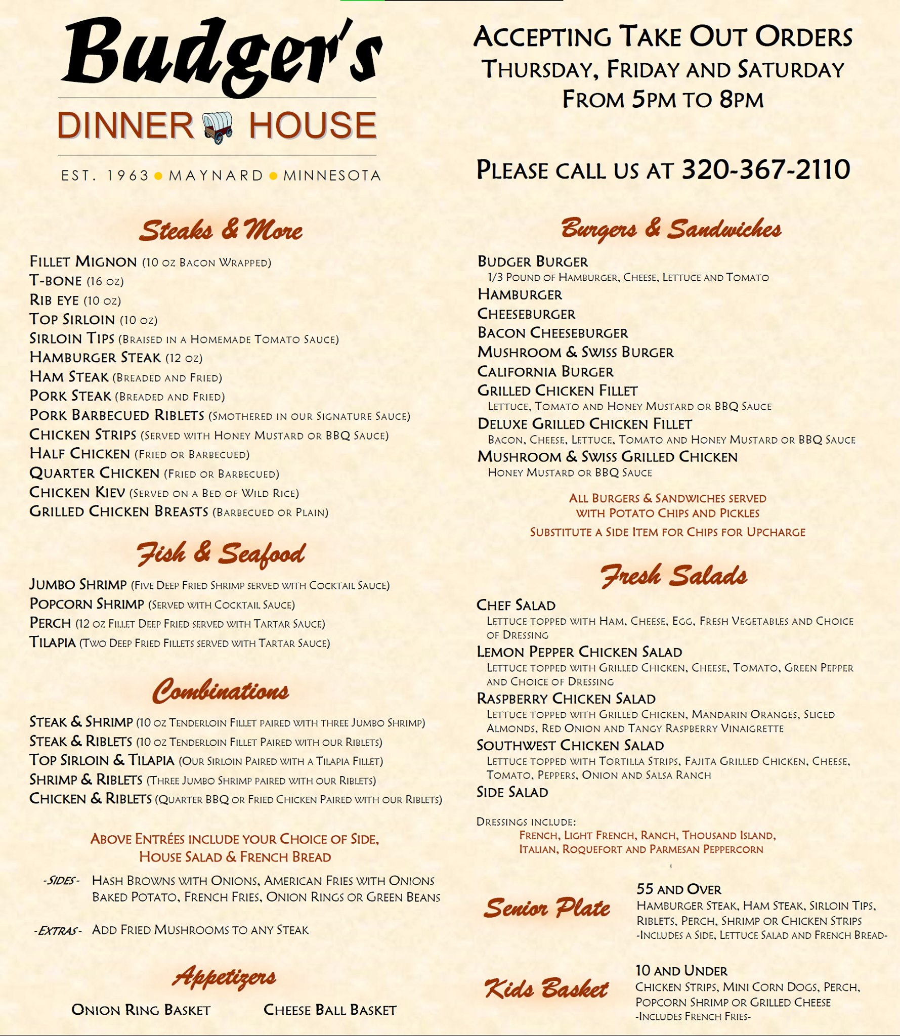 Budger's Dinner House Menu