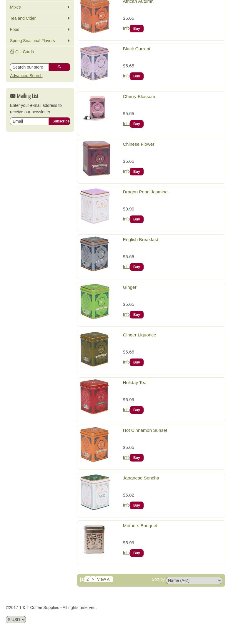 T & T Coffee Supplies Menu