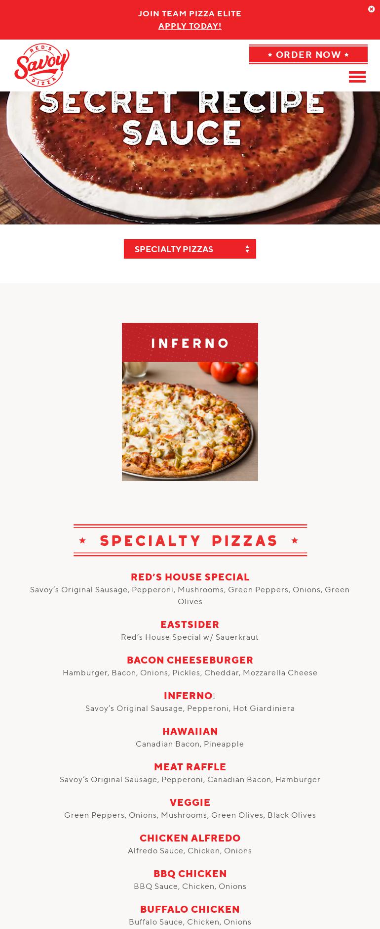 Red's Savoy Pizza Menu