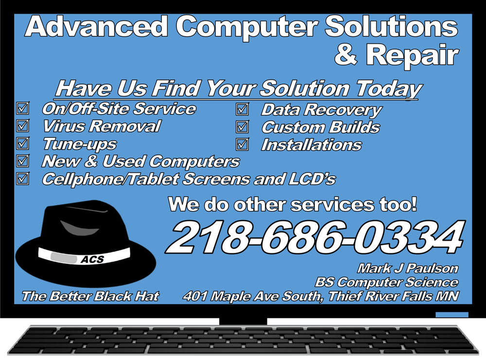 Advanced Computer Solutions & Repair 401 Maple Ave S, Thief River Falls Minnesota 56701