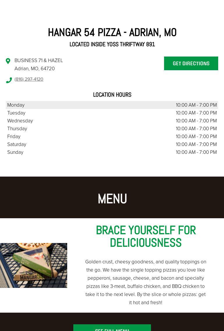 Hangar 54 Pizza Menu