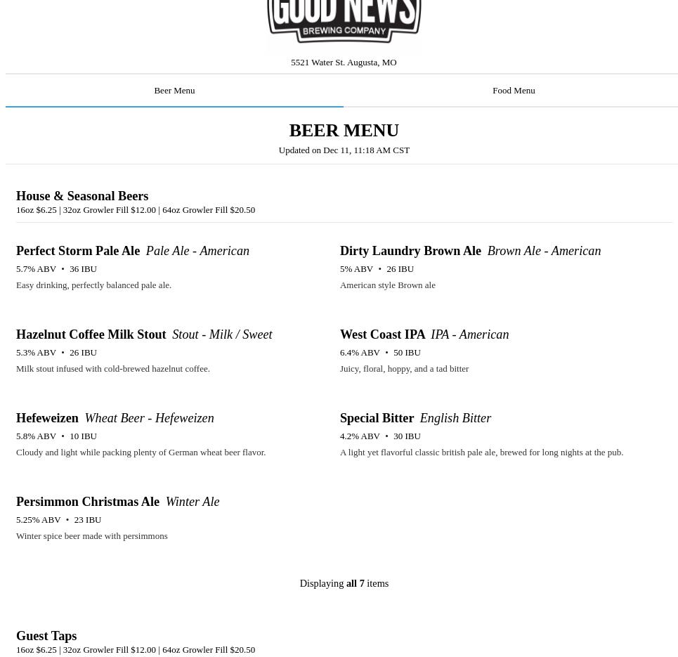 Good News Brewing Company - Augusta Menu