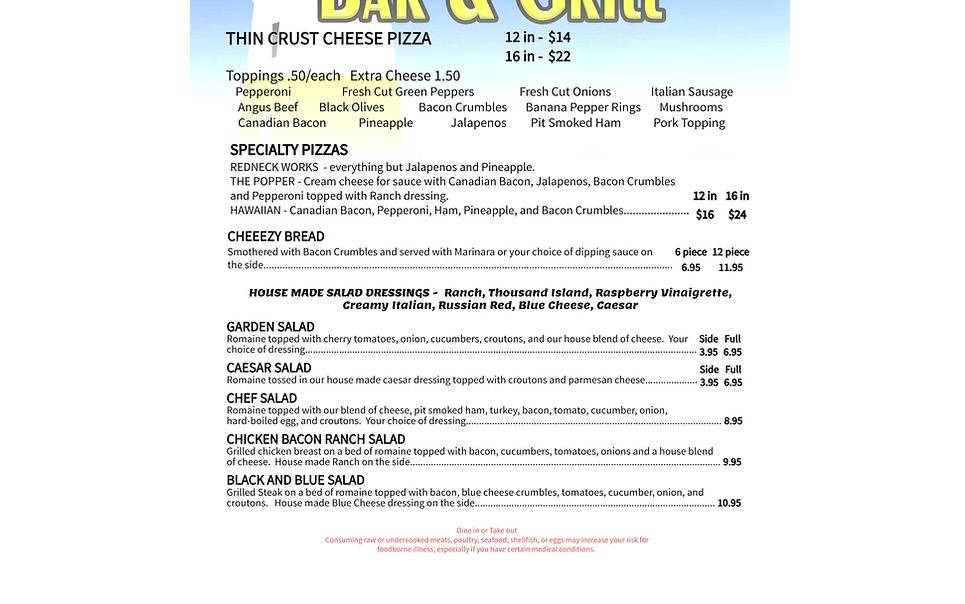 Redneck YOT Club Menu