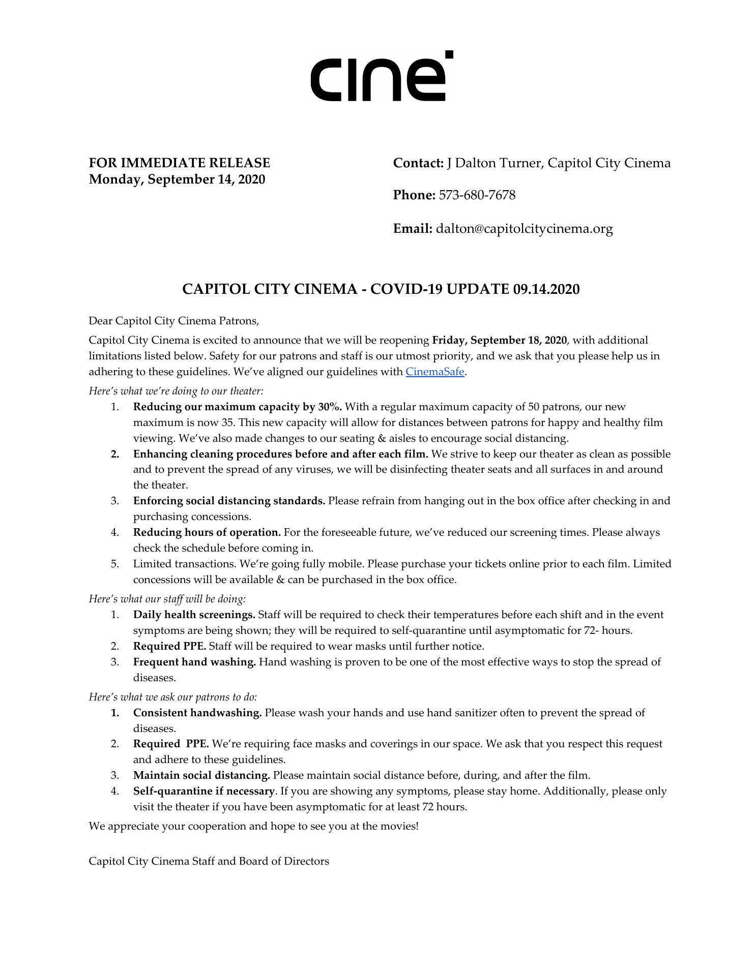 Capitol City Cinema Menu