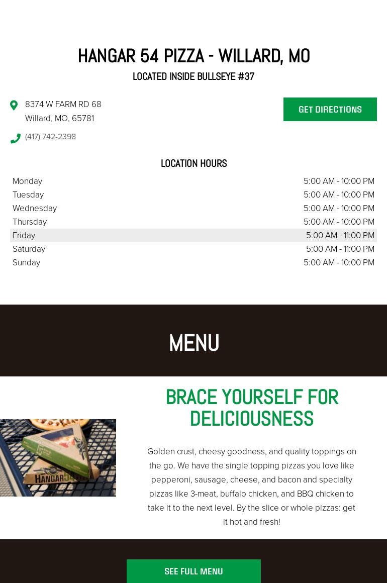 Hangar 54 Pizza Menu