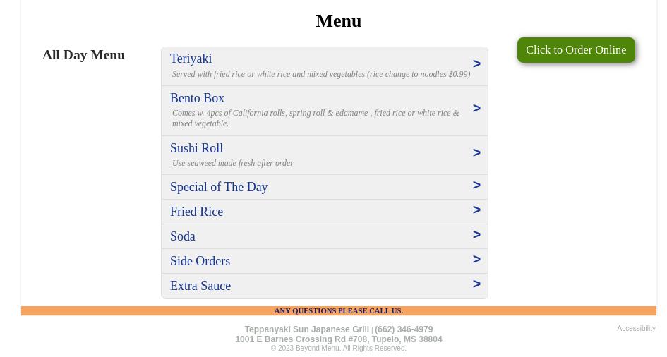 Teppanyaki Sun Japanese Grill Menu