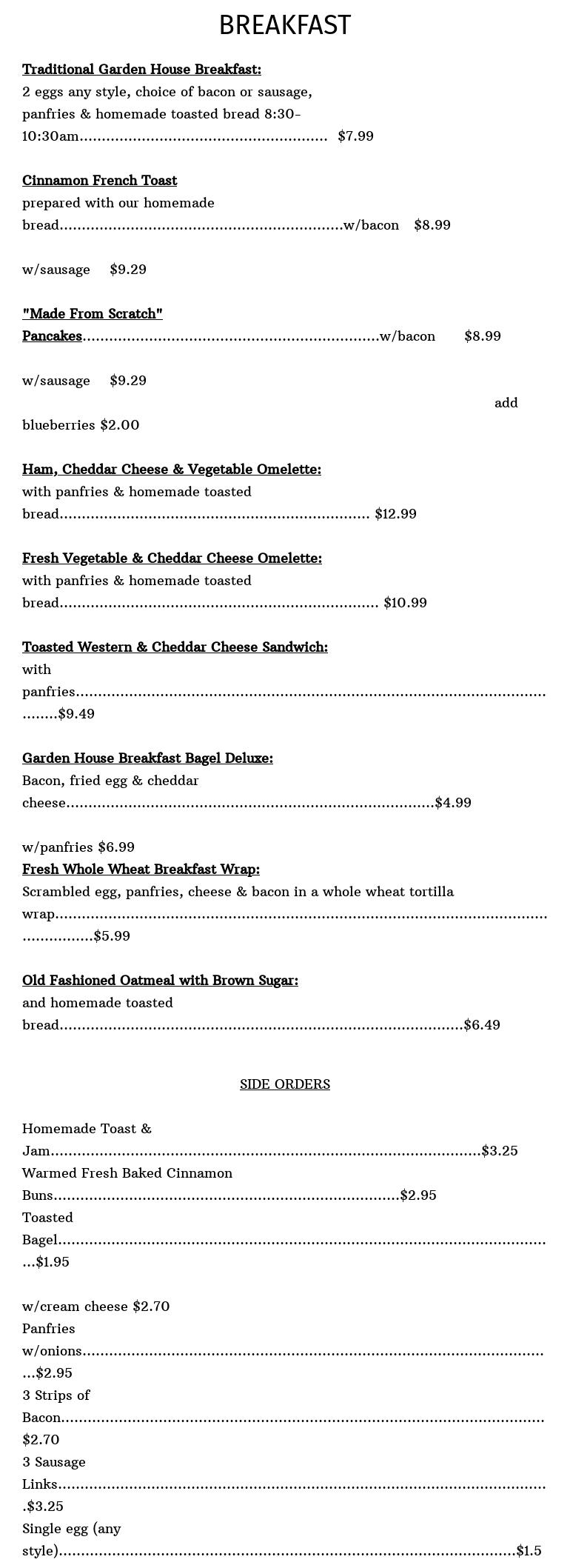 Garden House Restaurant & Catering Menu