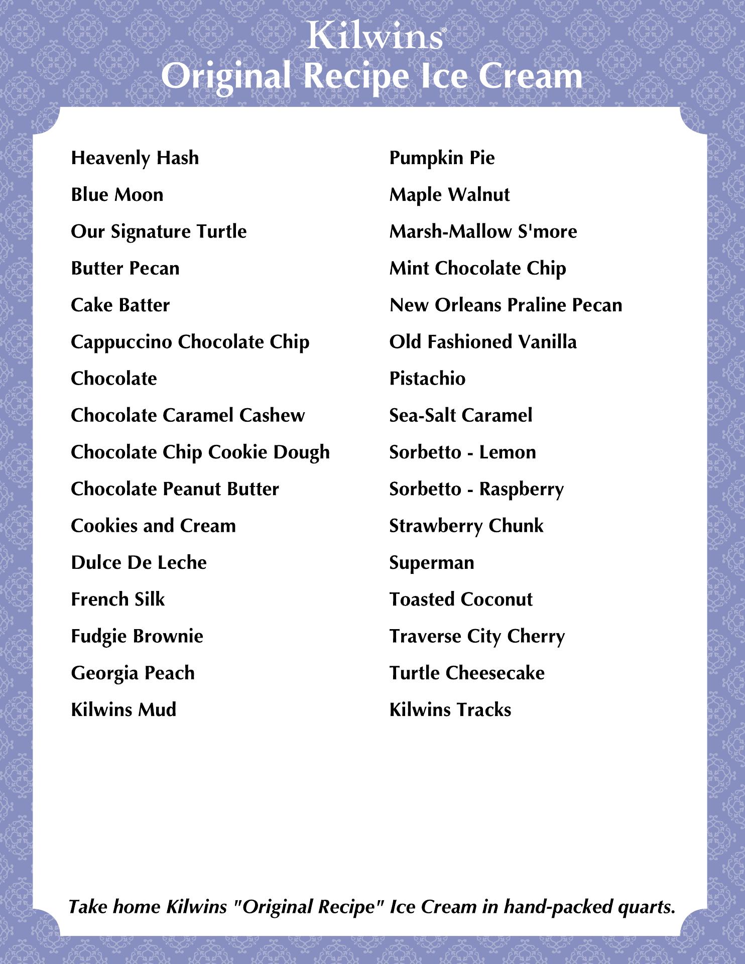 Kilwins Ice Cream - Chocolate - Fudge Menu