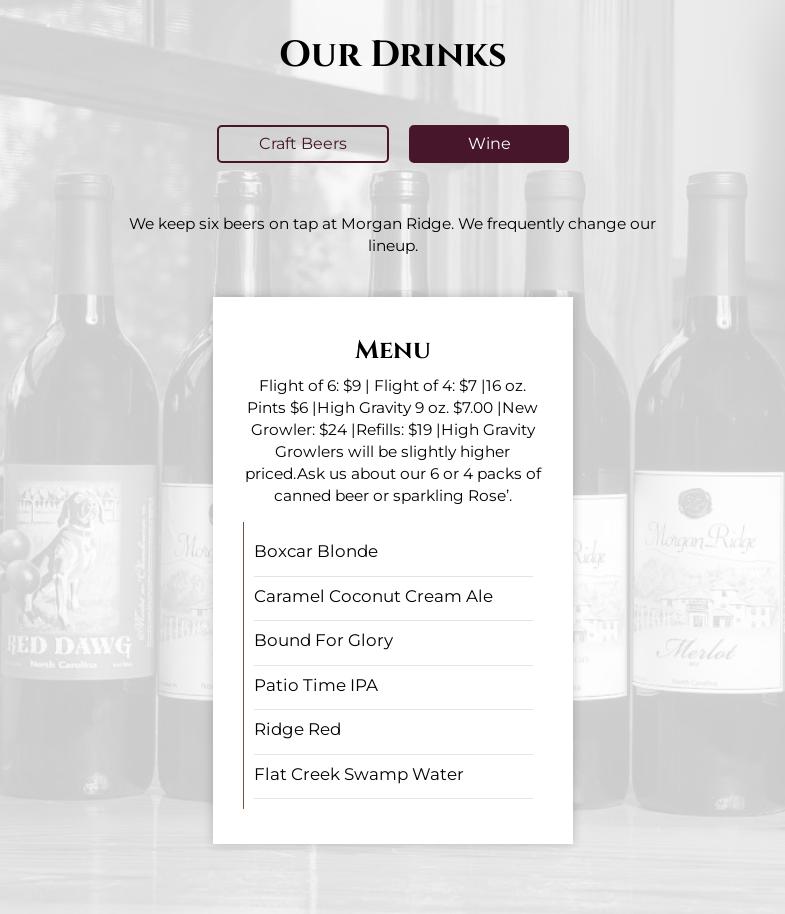 Morgan Ridge Vineyards Menu