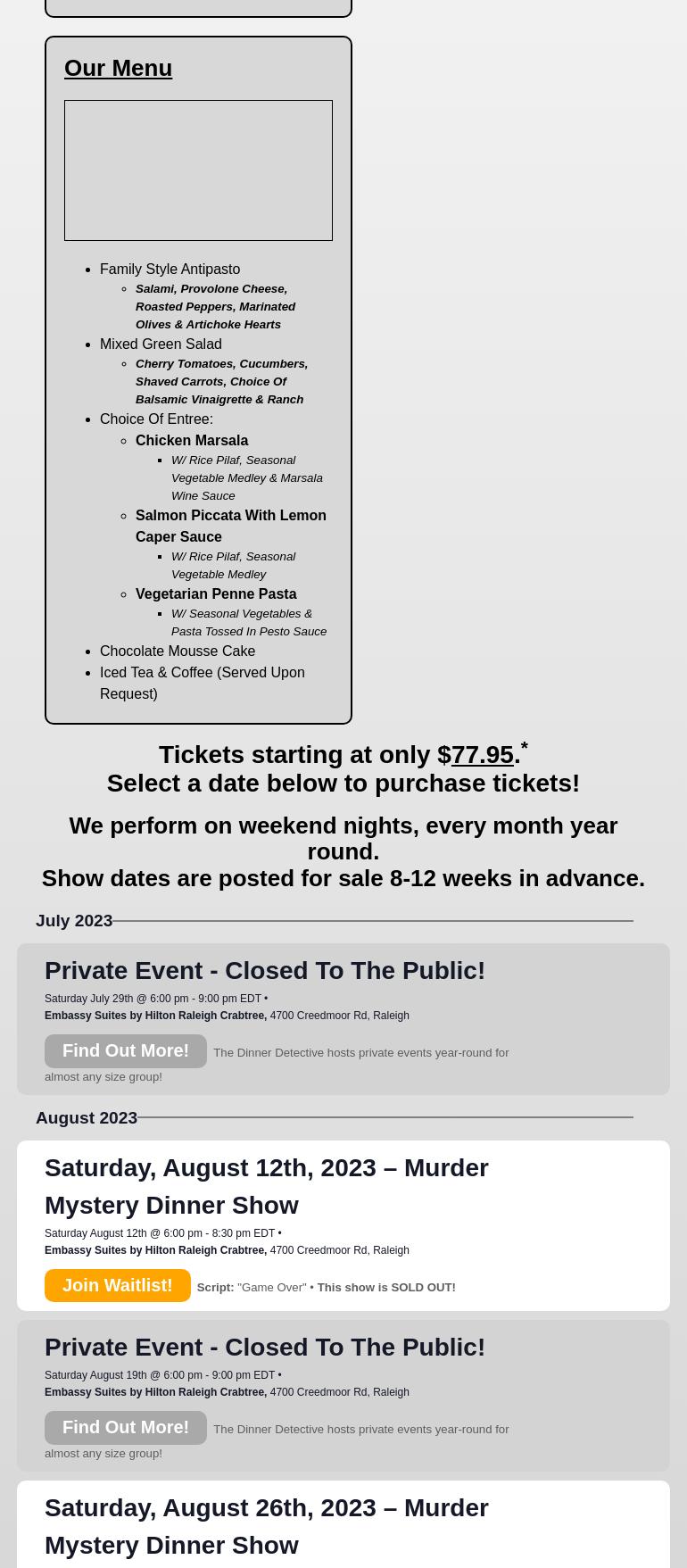 The Dinner Detective Murder Mystery Show Menu