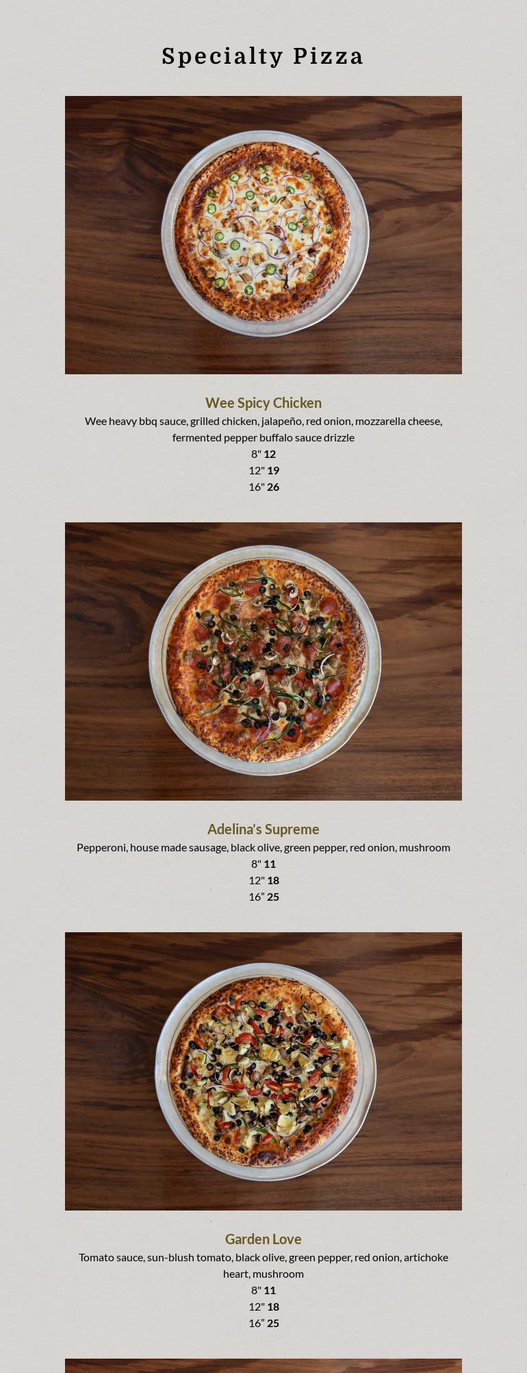 Adelina's Pizza Menu