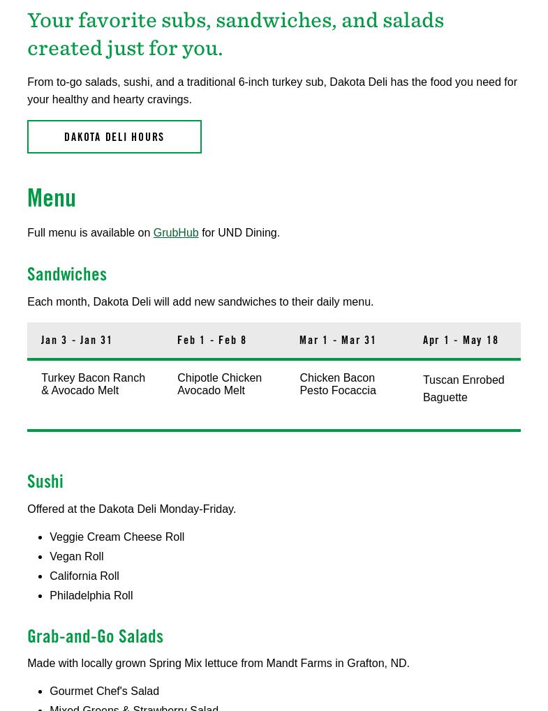 Dakota Deli Menu