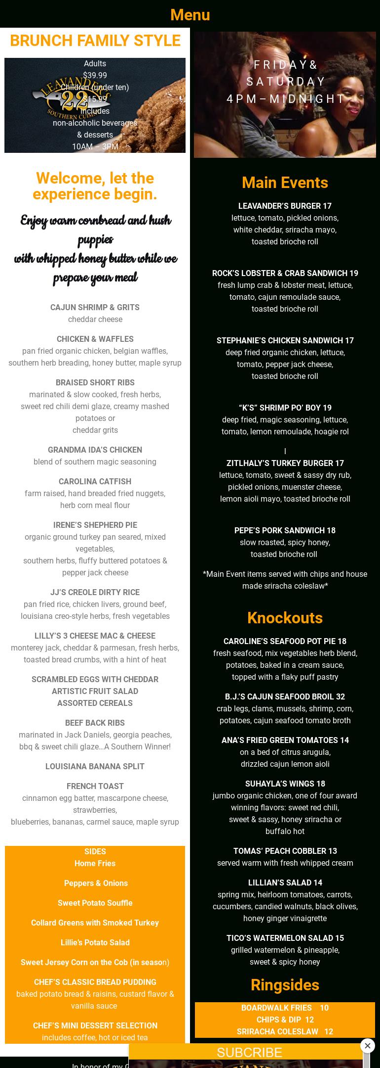 Leavander's 22 Southern Cuisine Menu
