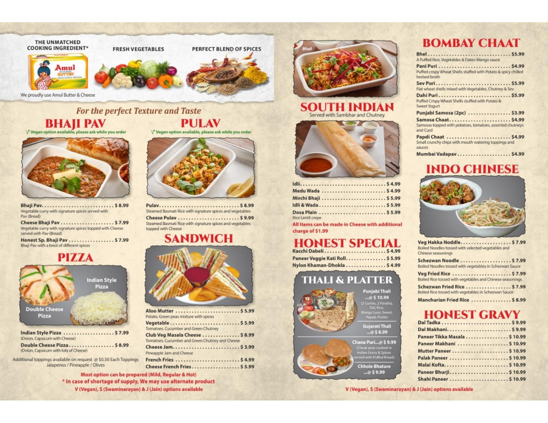 Honest Restaurant Menu