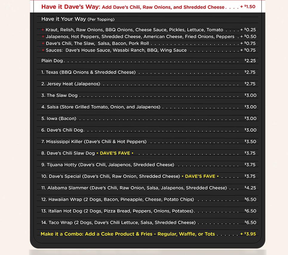 Dave's Hot Dogs Menu