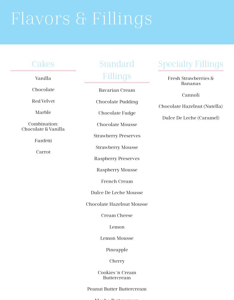 David's Custom Cakes Menu