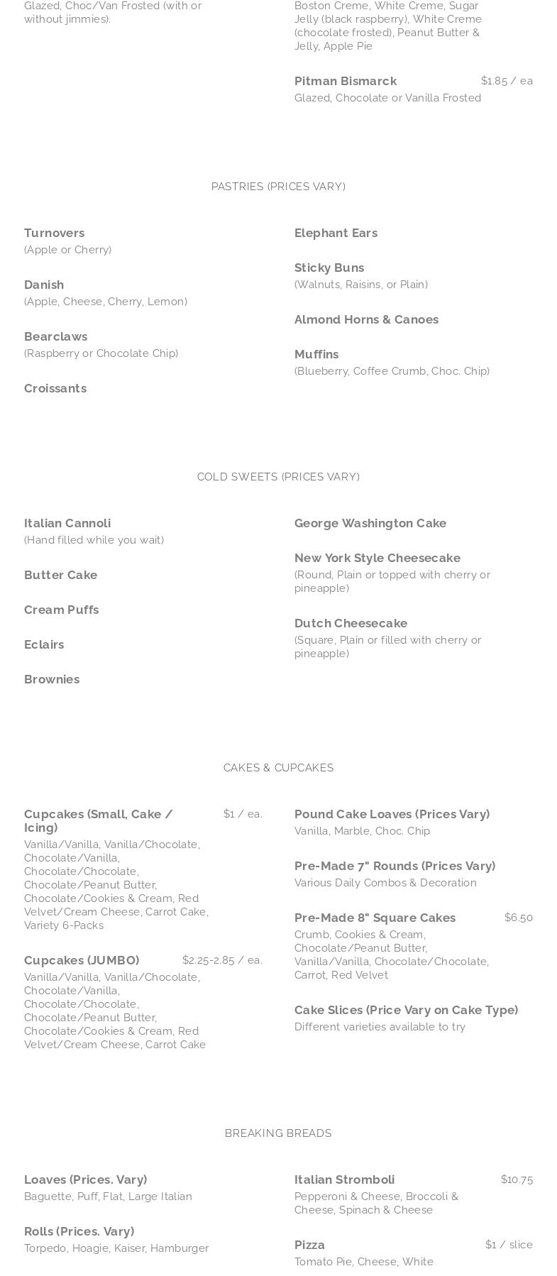 Broadway Bakery Menu