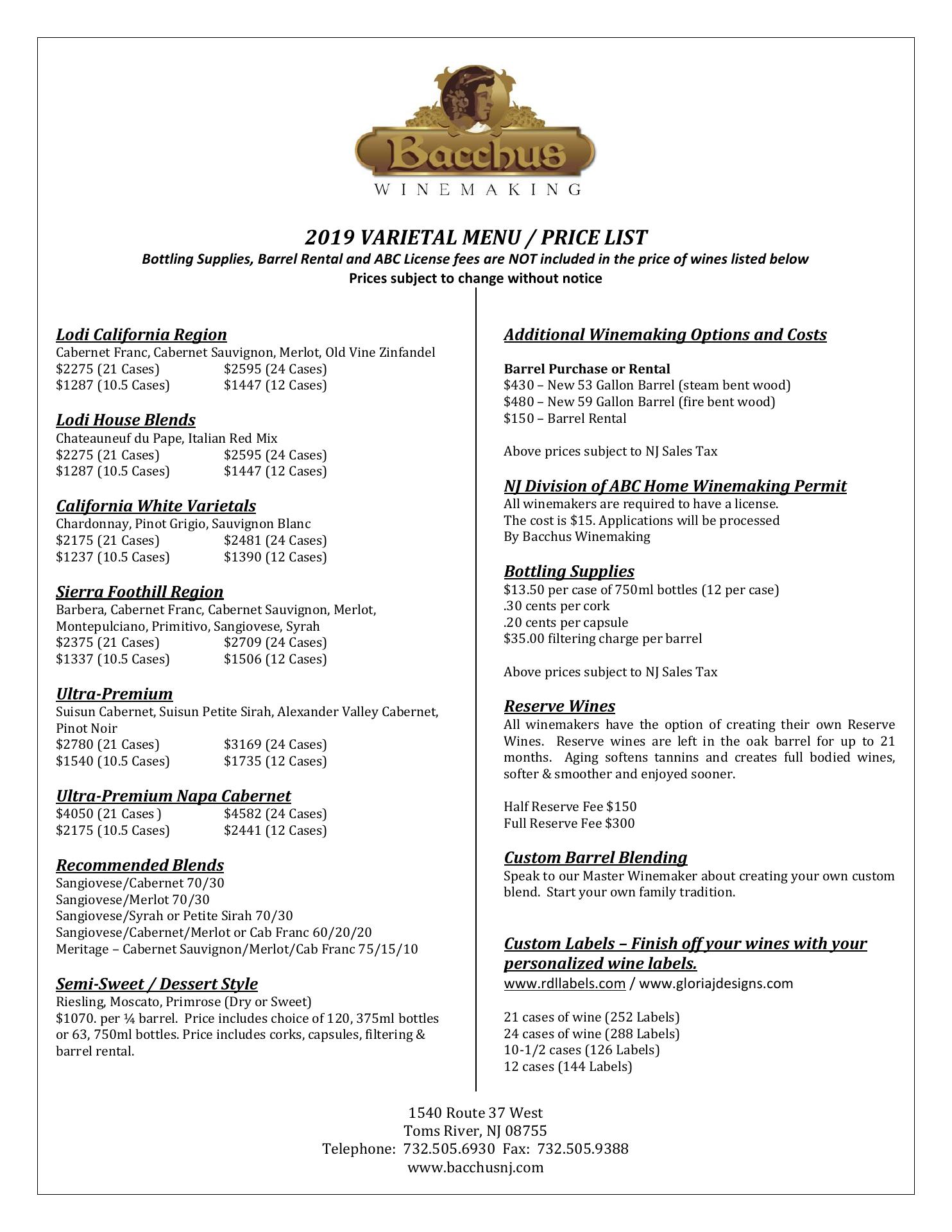 Bacchus Winemaking Club Menu