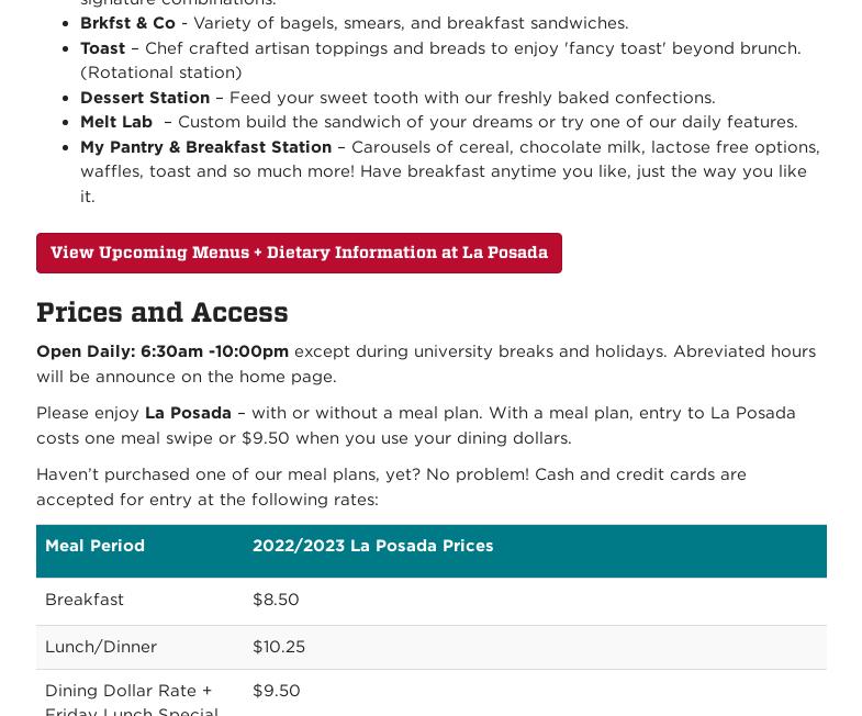 La Posada Dining Hall Menu